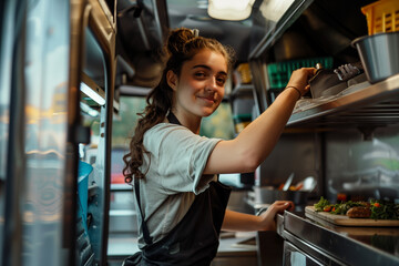 A Caucasian woman food truck owner and chef working in the truck and preparing food.