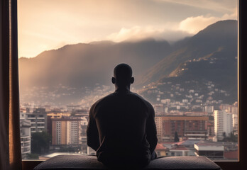 Fototapeta premium Man Silhouette Watching Sunrise Over Mountains And City. Mindfulness Concept. Generative AI