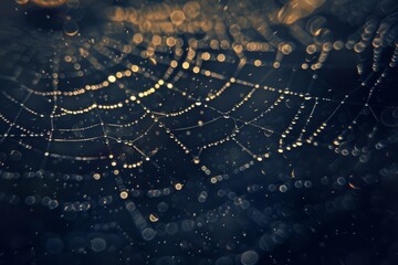 Detailed close up of a spider web with glistening water droplets on a dark backdrop - Powered by Adobe