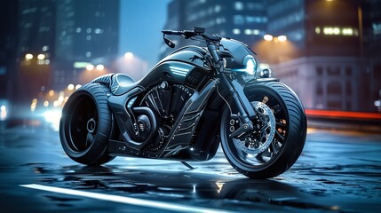 Futuristic Motorcycle with Illuminated LED Features in Urban Setting.