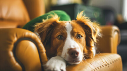 Cute dog on lounge chair at home. St. Patricks Day 