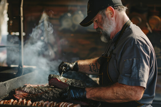 A Caucasian chef with a white beard checking the temperature on a smoked bricket.
