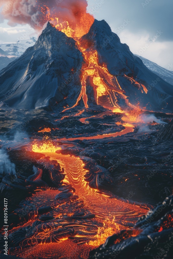 Poster a volcano with a lava flow