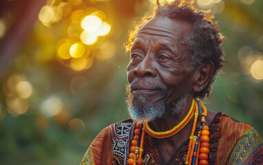 Fototapeta premium A man with a beard and dreadlocks is wearing a colorful outfit and a necklace. He is smiling and looking at the camera