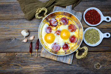 Turkish sausage and eggs fried in copper pan, wooden background, top view.