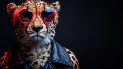   A sleek cheetah dons stylish red sunglasses and a chic leather jacket adorned with a bold leopard print on its head