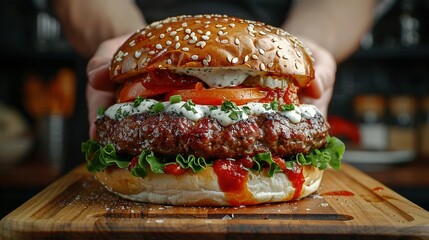   A close-up of a hamburger on a cutting board, with someone holding it in the background