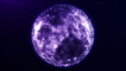Abstract liquid glowing purple sphere of energy particles on dark background. Magic shiny orb of dynamic plasma flows in space. Digital futuristic flowing bokeh ball concept.