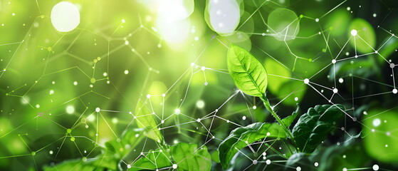 abstract biotechnology innovation, dynamic digital background with molecular structures and technological elements Overlaid with images of green biotechnology seedlings