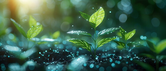 abstract biotechnology innovation, dynamic digital background with molecular structures and technological elements Overlaid with images of green biotechnology seedlings