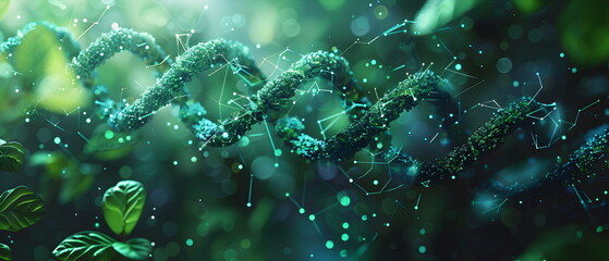 abstract biotechnology innovation, dynamic digital background with molecular structures and technological elements Overlaid with images of green biotechnology seedlings