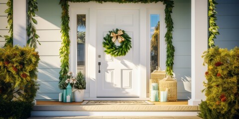 
An Inviting home banner showcasing a close-up of a front door adorned with a festive wreath and a welcoming doormat, against a backdrop of lush greenery and a clear blue sky