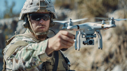 Fototapeta premium A man in a military uniform is holding a drone