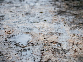 Foot print in a wet muddy footpath in a country side. Selective focus. Nobody. Cold wet season concept. Nobody. Nature scene. Travel in wild area.