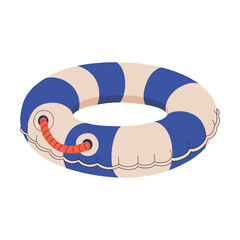 Striped blue and White Lifebuoy With Rope. Summer pool rubber ring. Swim ring on white background. Inflatable rubber water and beach. Practice water safety. Vector flat illustration.