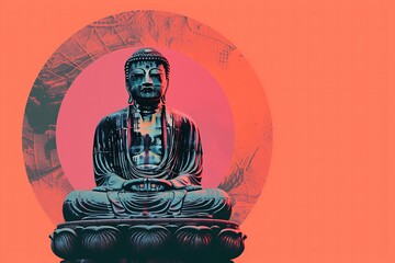  Illustration of a Buddha statue, concept of Buddhism, spiritual balance, mental practices and...