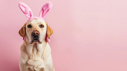 Cute Labrador dog in bunny ears on pink background 