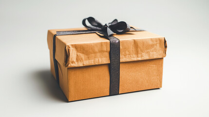 Elegant gift box with black ribbon on a neutral background, perfect for occasions like birthdays or anniversaries. 