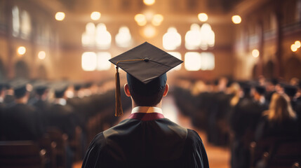 A young man wearing a graduation cap and gown during a ceremony at a university, with a blurry background of people in the hall with soft lighting. Conceptual photo for education or student achievemen