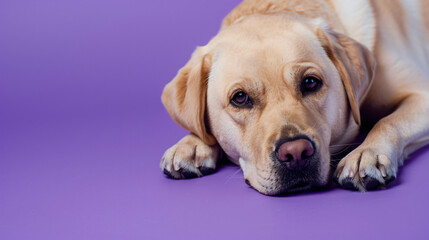 Cute Labrador dog lying on purple background