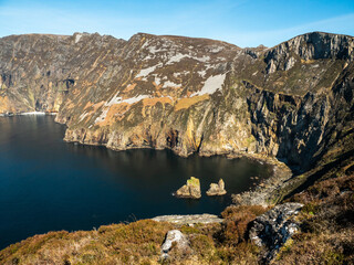 View on amazing Slieve league Cliff, county Donegal, Ireland. Popular travel landmark area with stunning nature view and hiking route. Nobody. Warm sunny day. Travel and tourism. Irish nature 