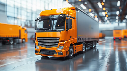 Bright orange modern semi truck in industrial warehouse, logistics theme. 