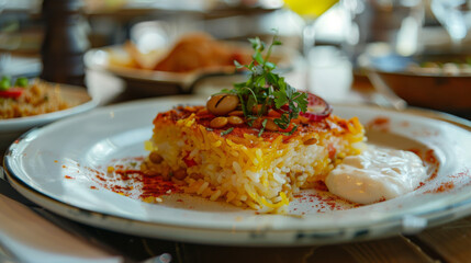 Aromatic persian saffron rice garnished with herbs and nuts, served with yogurt on a white plate, embodying authentic iranian cuisine