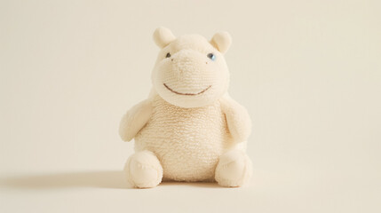 Blue plush hyppo toy sitting against a plain light background, soft texture visible.