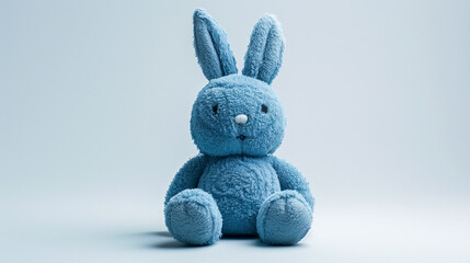 Blue plush bunny toy sitting against a plain light background, soft texture visible.