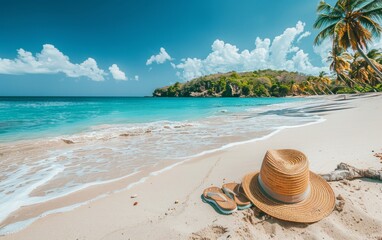 A beach scene with a hat and flip flops on the sand. The beach is calm and peaceful, with the ocean in the background