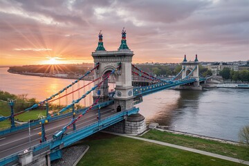 Obraz premium Aerial view of Liberty bridge in Budapest at sunrise