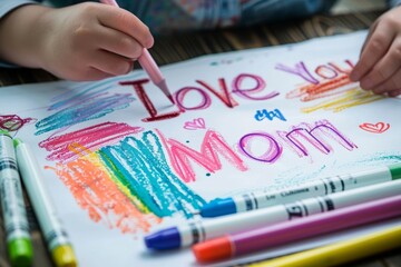 Close-up of a childs hand writing I Love You Mom on a piece of paper using colorful crayons