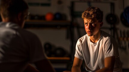 Young Athlete Listening Intently in Gym Training Session. Generative ai