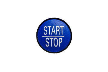 Blue start stop round button, macro, closeup, white isolated background.