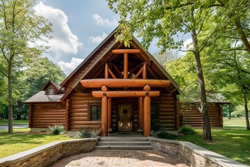 Beautiful log house in green park at summer day