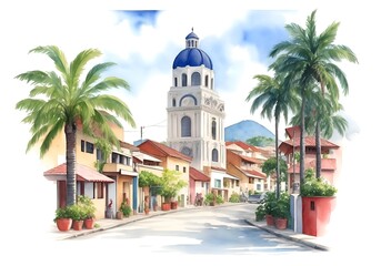 El Salvador Country Landscape Watercolor Illustration Art - obrazy, fototapety, plakaty