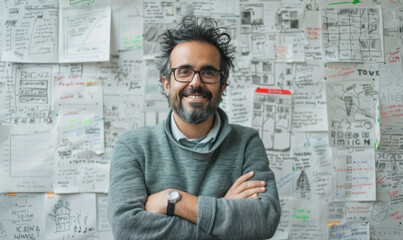 A man with glasses is smiling in front of a wall covered in drawings and notes. Scene is cheerful and lighthearted
