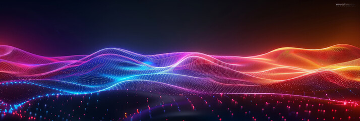 Obraz premium Abstract colorful neon light wavy background,3d abstract dots representing digital binary data. Concept for big data, deep machine learning, artificial intelligence, business technology background. 
