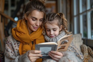 A woman and a child are sitting together, the woman reading a letter to the child. Concept of warmth and closeness between the two, as they share a moment of bonding over the written words