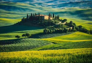 Tuscany, rural, sunset landscape, countryside, farm, white road, cypress trees, green fields, sunlight, clouds, Volterra, Italy, Europe, scenic, beauty, nature, idyllic, tranquil, serene, countryside 