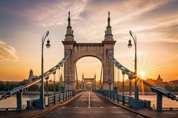 Front view of Liberty bridge in Budapest at sunrise