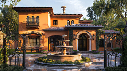 A classic house in a warm shade of ochre, with a traditional stone fountain in the front yard and a wrought-iron gate.
