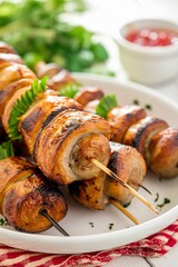 Grilled shish kebab or shashlik on skewers on white background