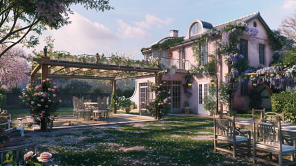 A classic house in dusty rose, with a backyard pergola covered in climbing roses and wisteria.