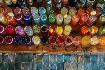 A variety of vibrant colored drinks, including margaritas and aguas frescas, displayed on a table
