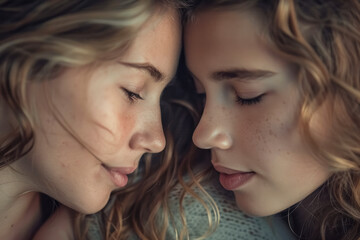 Obraz premium Two women are lying down and looking at each other. Scene is one of intimacy and closeness