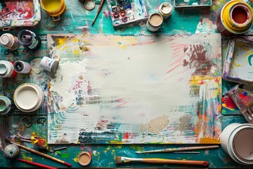 An overhead view of a table covered in various paint colors and a multitude of paintbrushes scattered around - Powered by Adobe