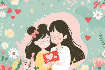 A woman and a girl are hugging each other and holding a card with a heart on it. Concept of love and affection between the two women