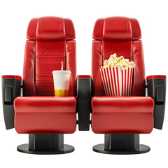 Movie chair with popcorn and cup of soda drink on it, on transparent background