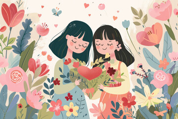 Two girls are holding flowers and smiling. The flowers are in a garden with many different types of flowers. The girls are surrounded by the flowers and seem to be enjoying the moment